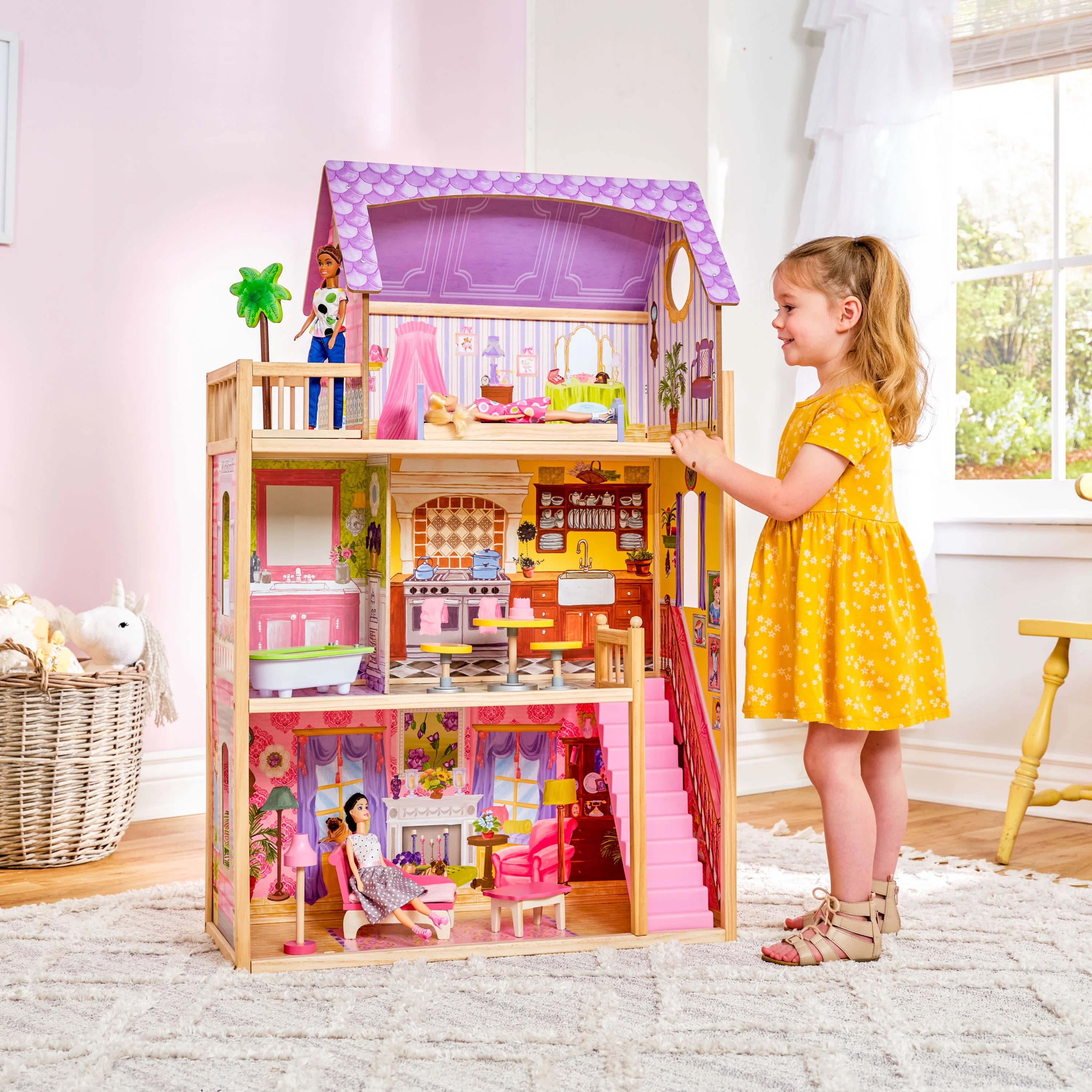 KidKraft Kayla Casa de Muñecas de Madera 2024 con Juego de 10 Muebles – Casi 1,2 Metros de Altura