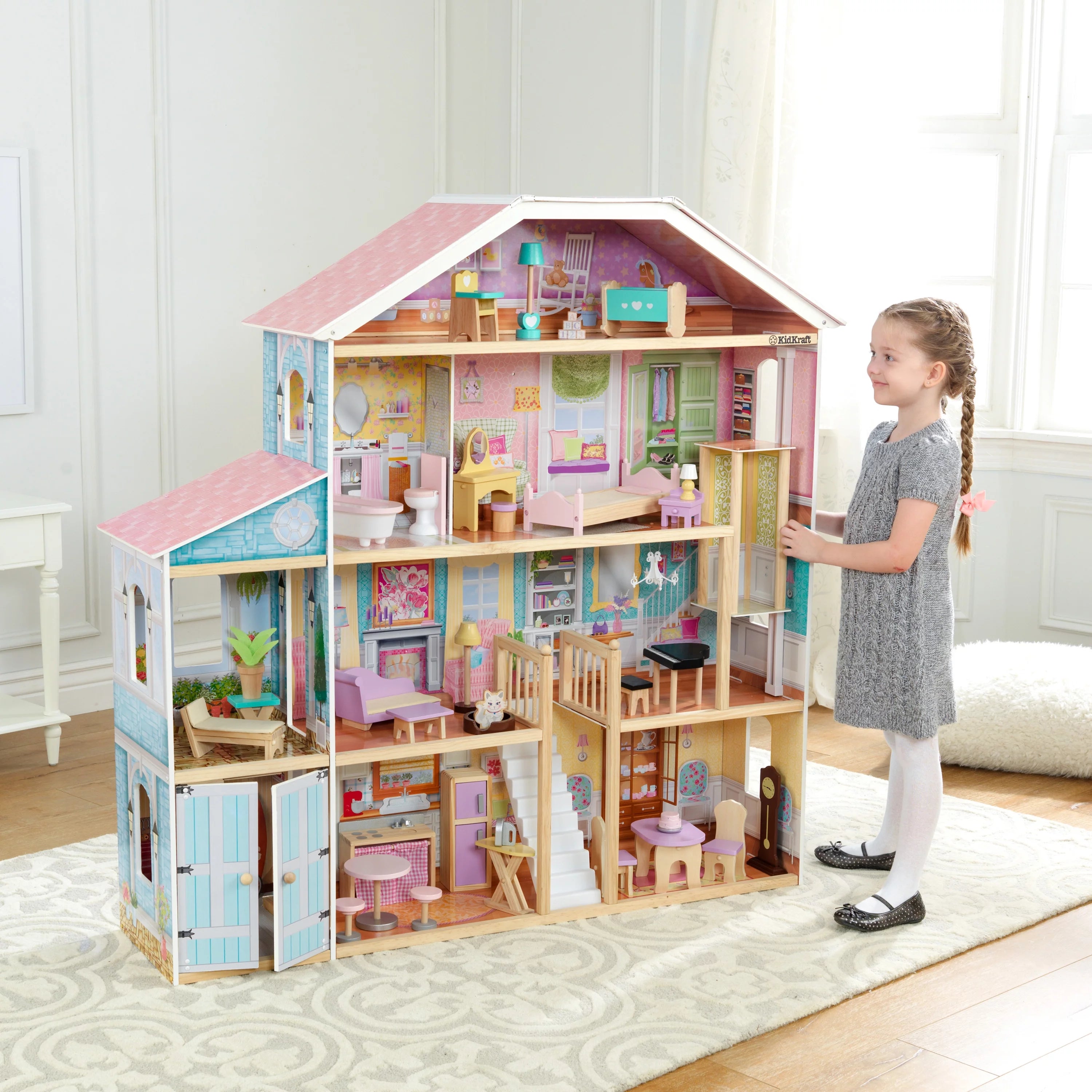 KidKraft Grand View Mansion Casa de Muñecas de Madera 2024 con 34 Accesorios – Para Niños a Partir de 3 Años
