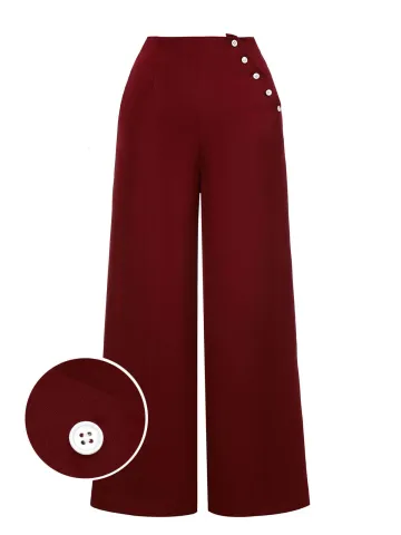 Red 1950s Burgundy Button Wide leg Pants - USdiscountonlinestore