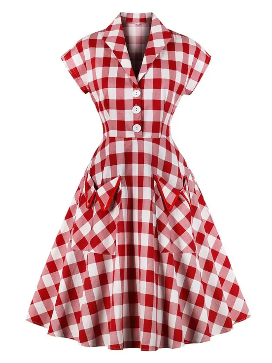 Red White 1950s Pockets Plaid Dress - USdiscountonlinestore