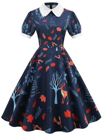Dark Blue 1950s Forest Puff Lapel Dress - USdiscountonlinestore