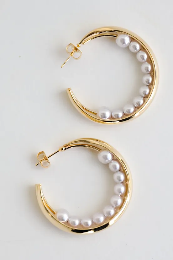 FINAL SALE - Elle Gold Pearl Double Hoop Earrings - USdiscountonlinestore