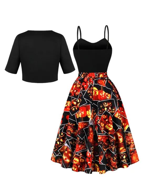 Black 1950s Pumpkin Halloween Swing Dress & Bolero Jacket - USdiscountonlinestore