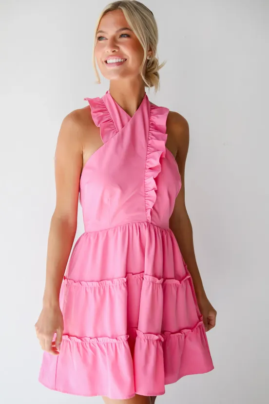 FINAL SALE - Cutest Feeling Pink Halter Ruffle Mini Dress - USdiscountonlinestore