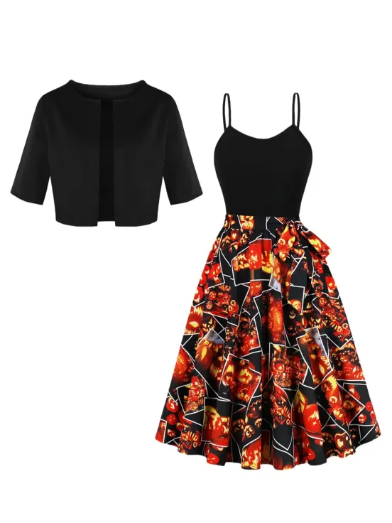 Black 1950s Pumpkin Halloween Swing Dress & Bolero Jacket - USdiscountonlinestore