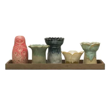 Stoneware Vases/Votive Holders w/ Wood Tray. Reactive Glaze. Set of 6 (Each One Will Vary) - USdiscountonlinestore