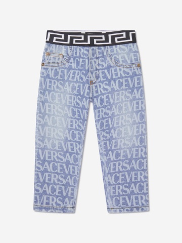 Versace Baby Logo Print Pull On Jeans in Blue - USdiscountonlinestore