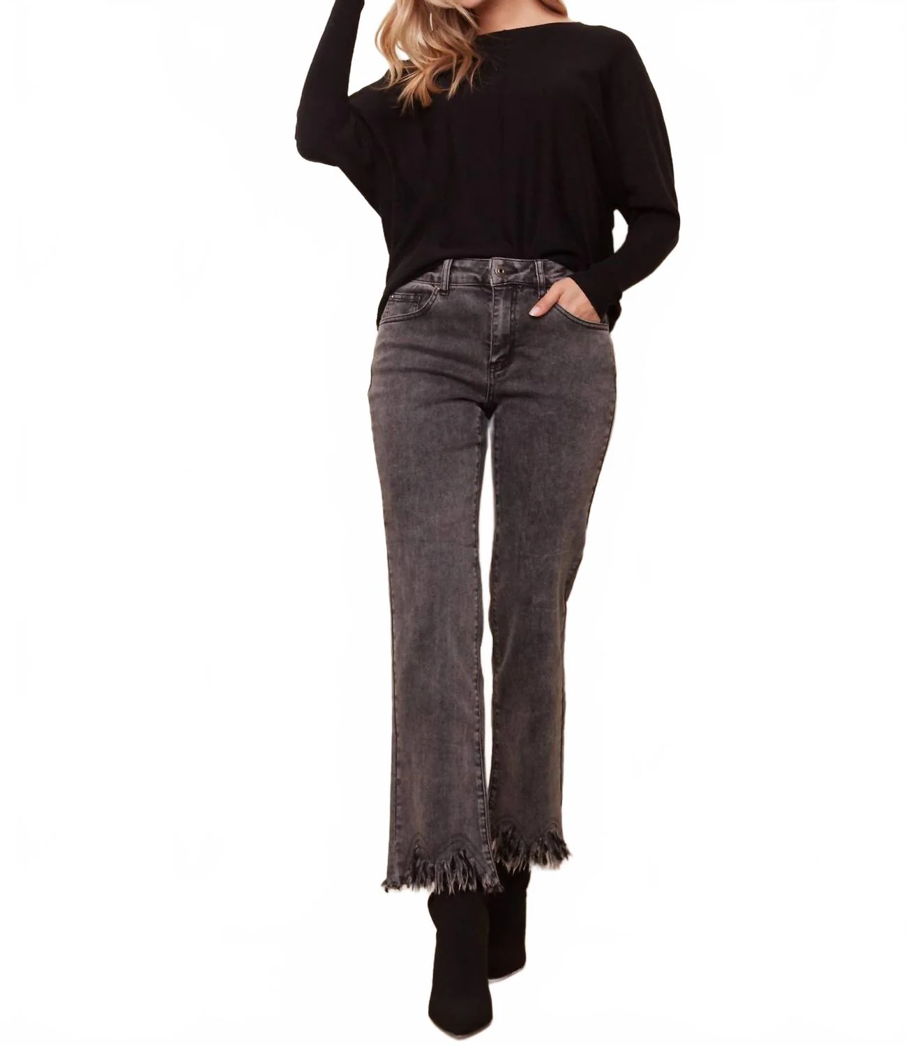 Fringe Hem Denim Jeans In Gris Moyen