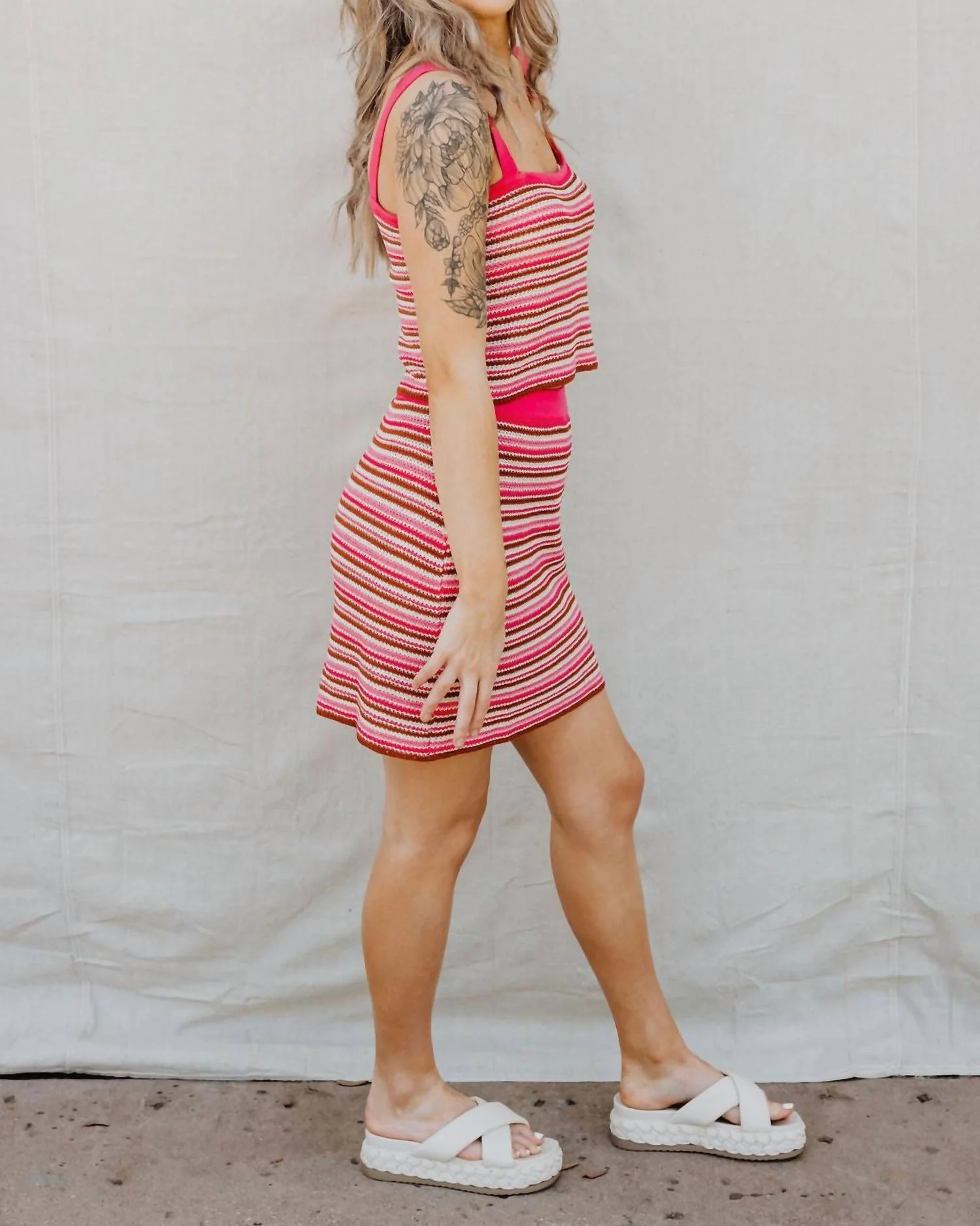 Vanessa Crochet Mini Skirt In Beige, Pink