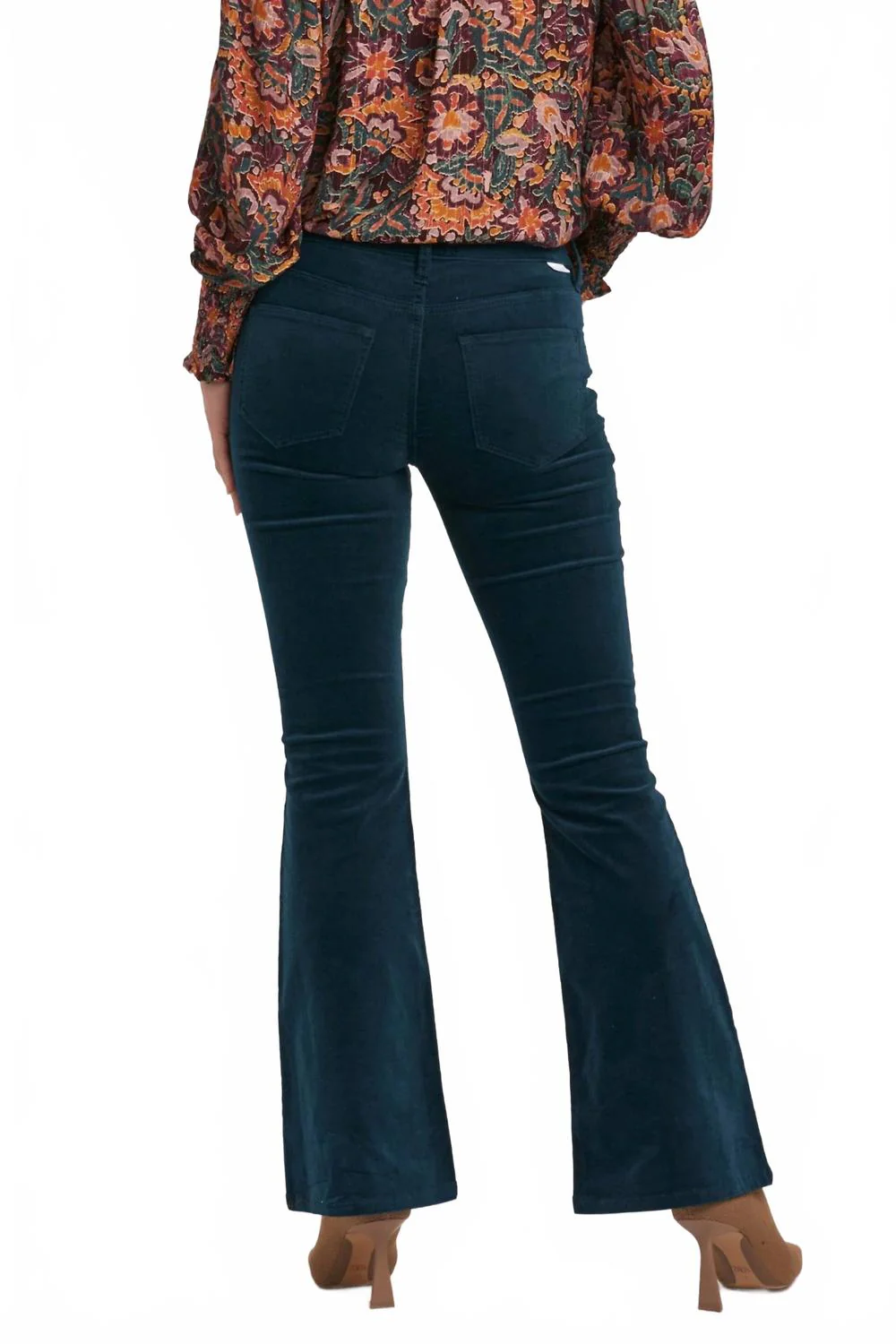 Rosa Mid Rise Full Inseam Flare Pants In Teal Velveteen