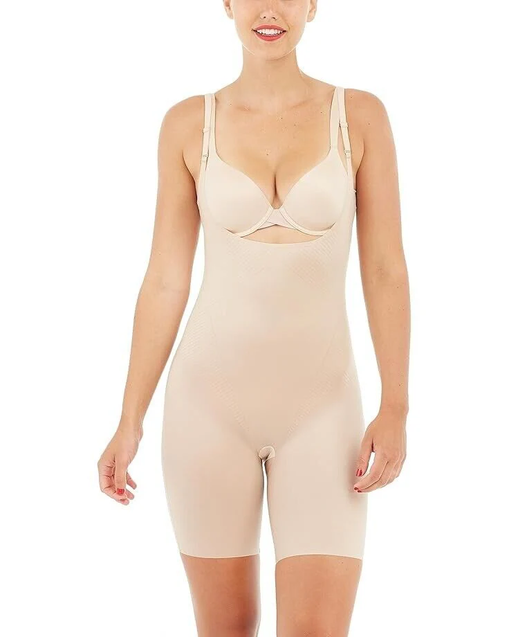 Spanx Thinstincts 2.0 Women 3X Beige Stretch Open-Bust Mid Thigh Bodysuit JDM470