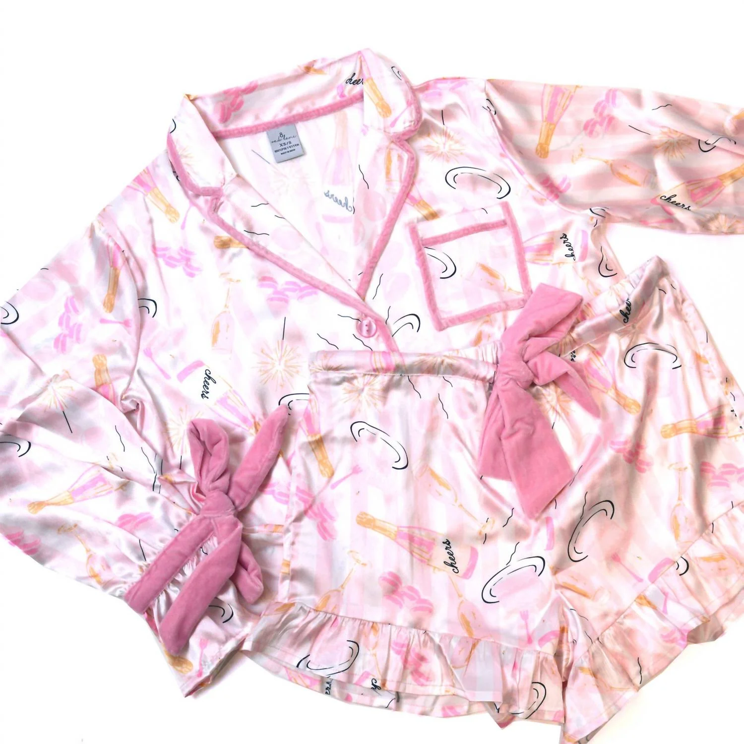 Celebrate Satin Ruffle Short Pj Set In Pink