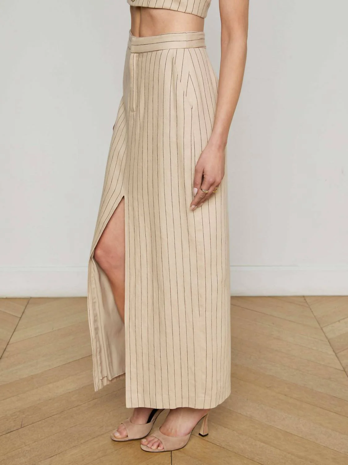 Maceline Pinstriped Maxi Skirt In Tan/brown Pinstripe