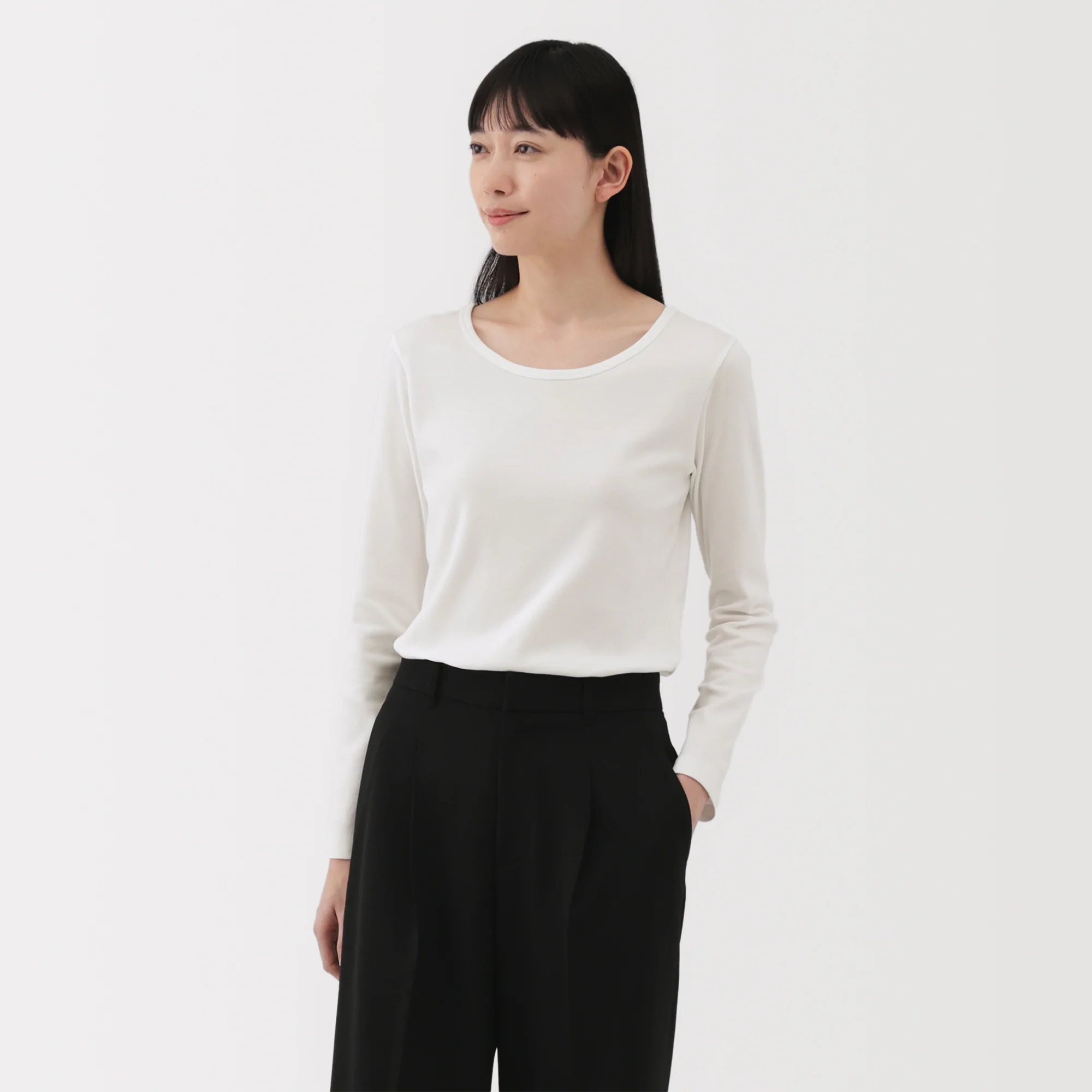 Women's Stretch Ribbed Crew Neck Long Sleeve T-Shirt