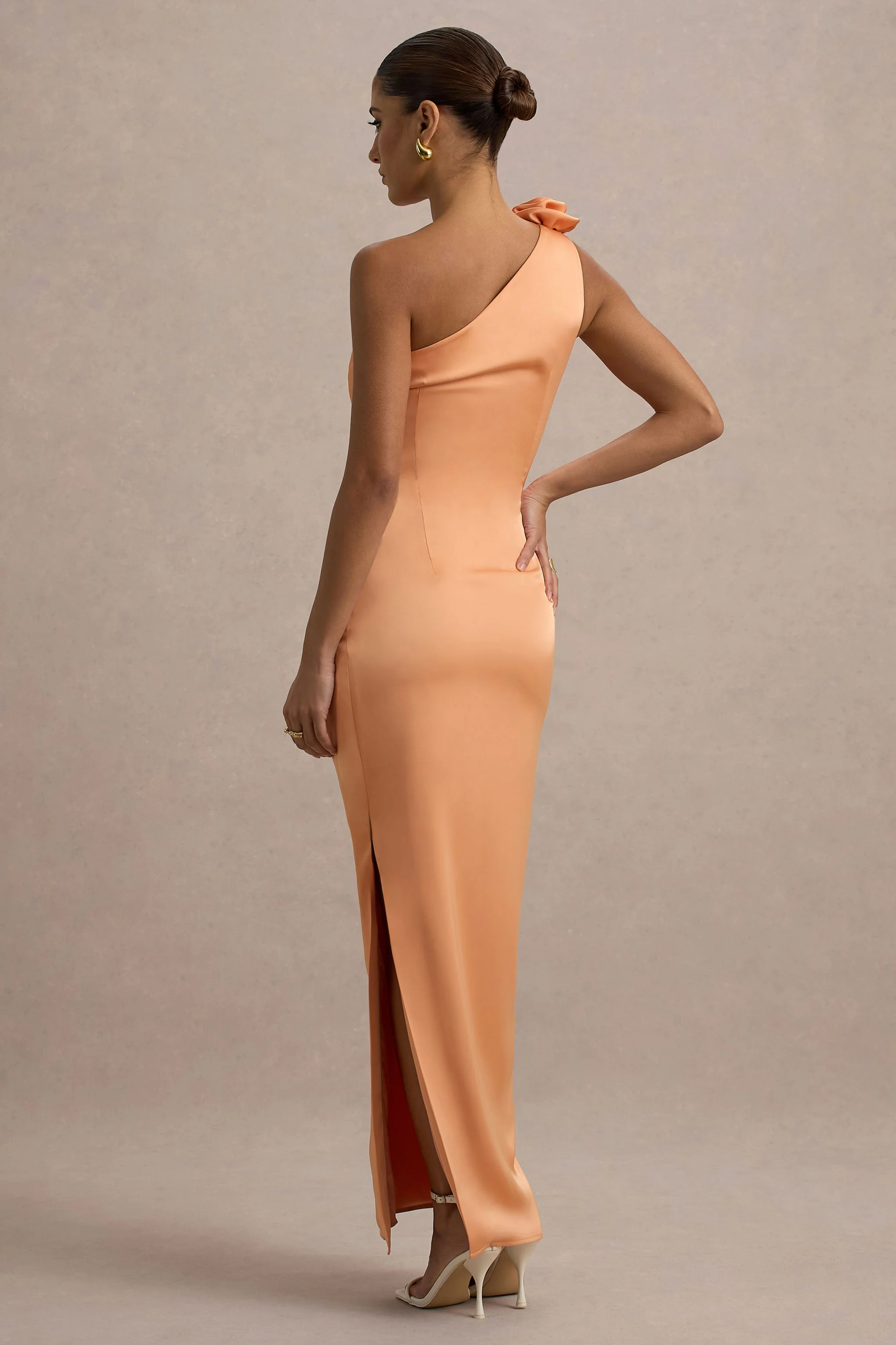 Janette | Peach Satin One-Shoulder Split Maxi Dress With Corsage