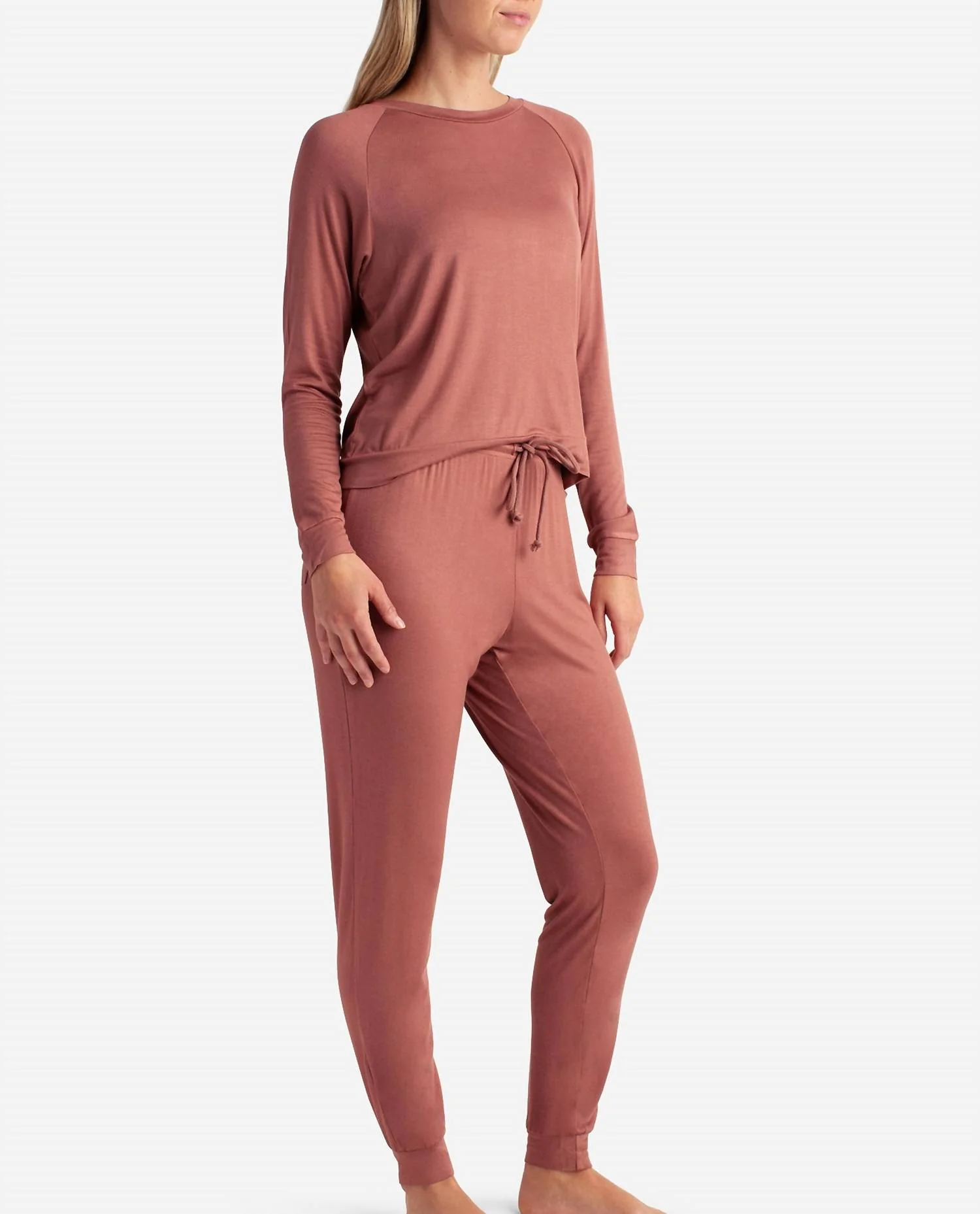 Raglan Sleeve Crew Neck Sleep Set With Jogger In Tahitian Tan