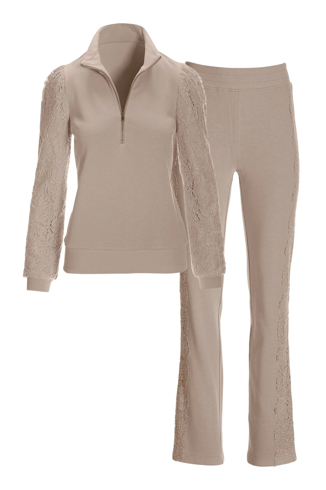 Lace Puff Sleeve French Terry Set Taupe