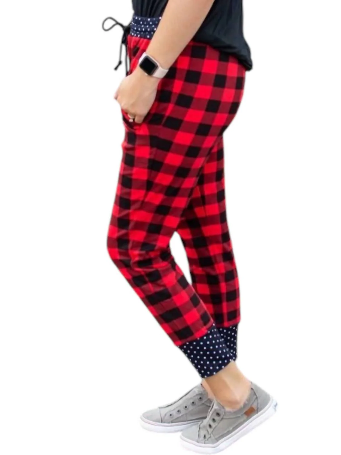 Buffalo Plaid And Polka Joggers In Red/black