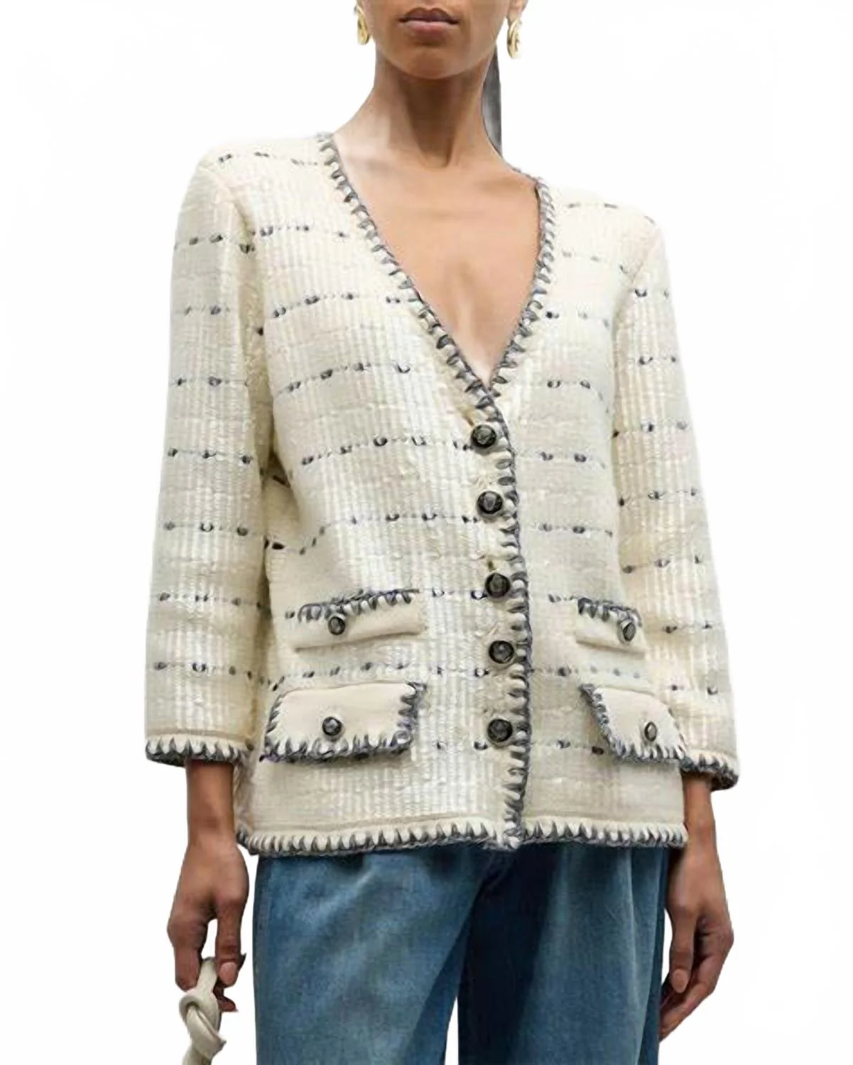 Ceriani Knit Jacket With Sequin In Off White/navy