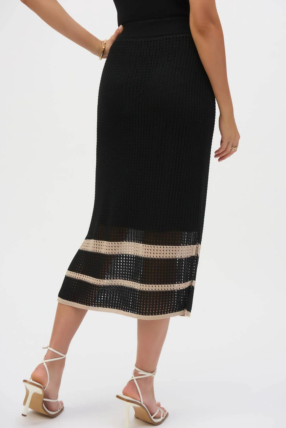 Sweater Knit Open Stitch Stripe Skirt In Black/parchment
