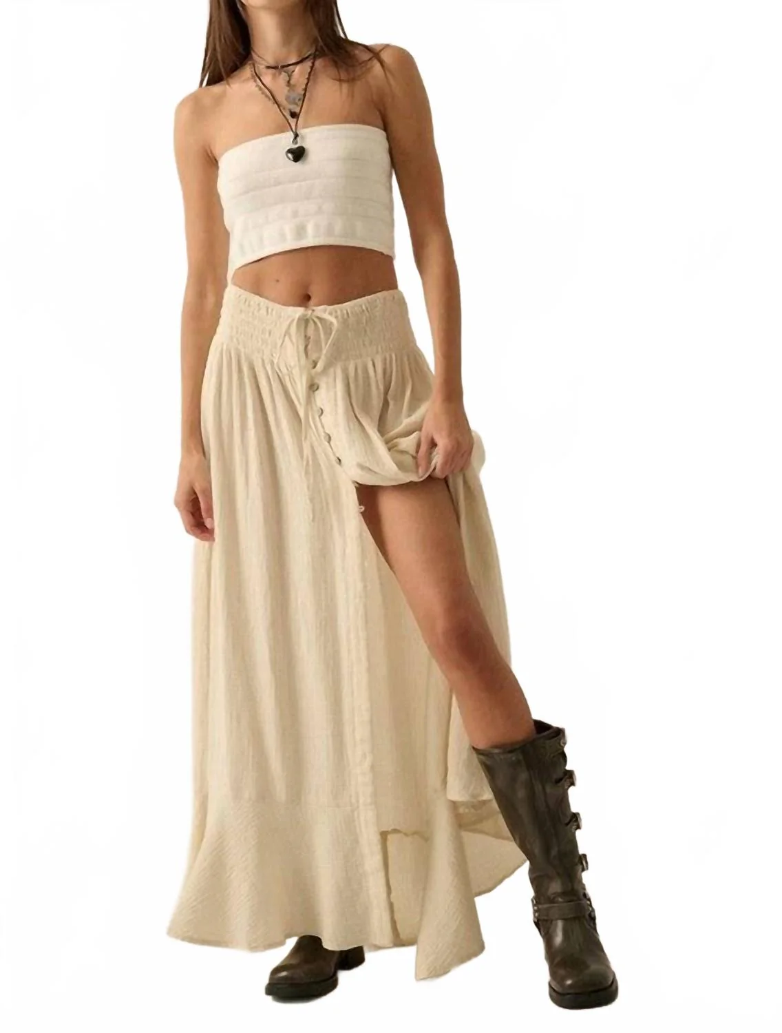 Front Slit Crepe Maxi Skirt In Cream
