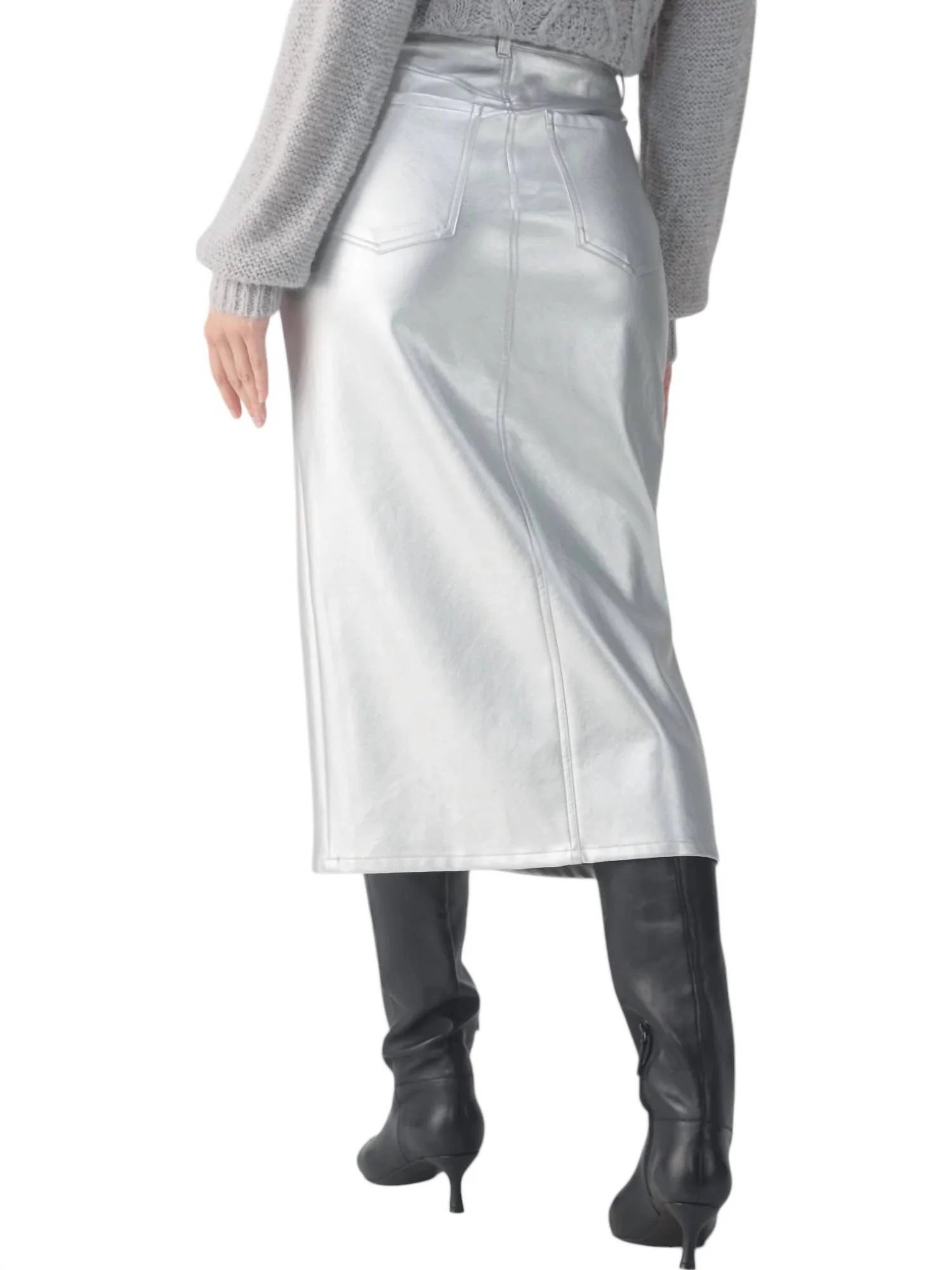 Leather Like Midi Skirt In Silver