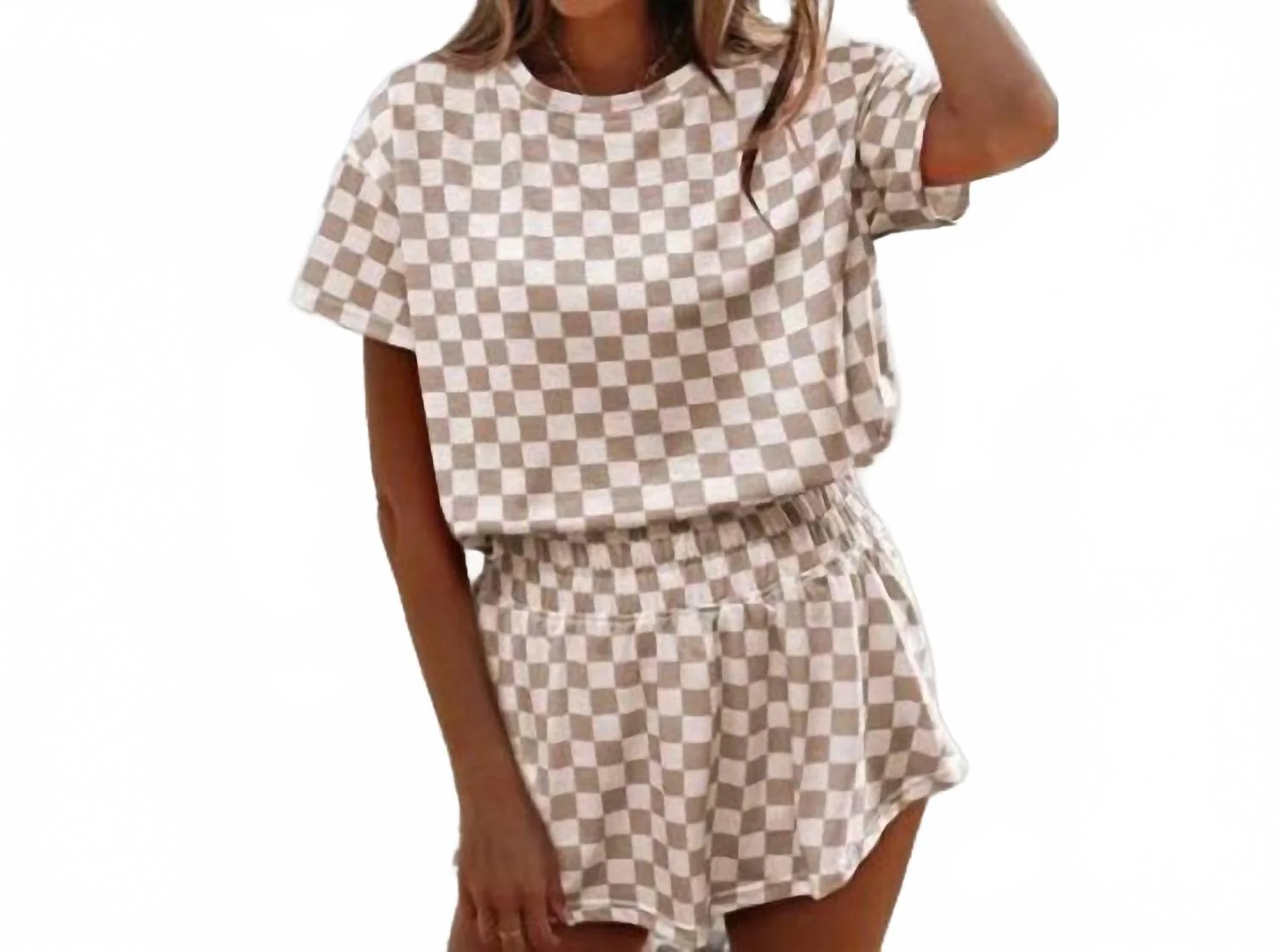 Checkerboard Top & High Waist Skort Set In Tan