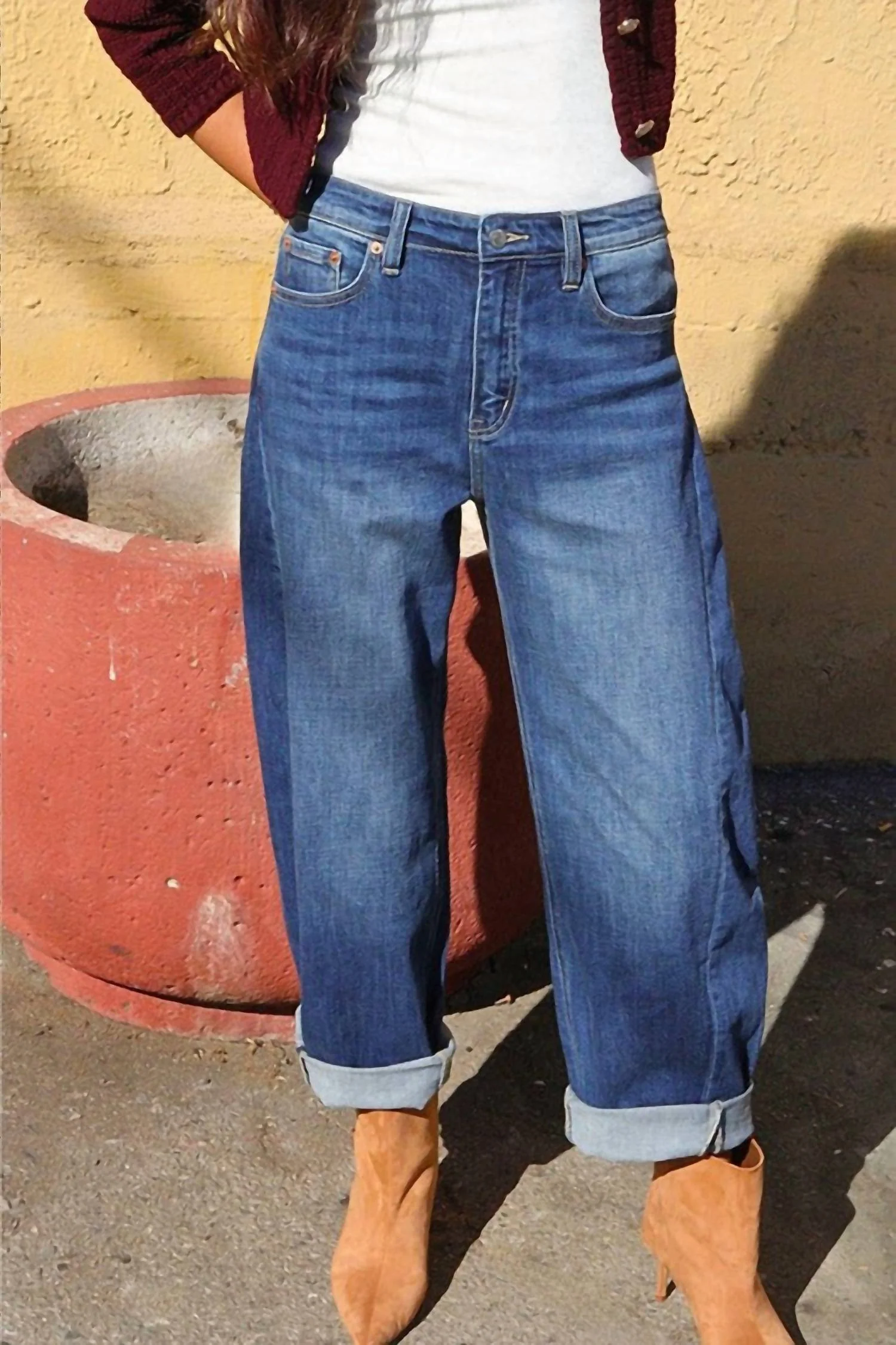High Rise Barrel Jeans In Dark Stone Wash