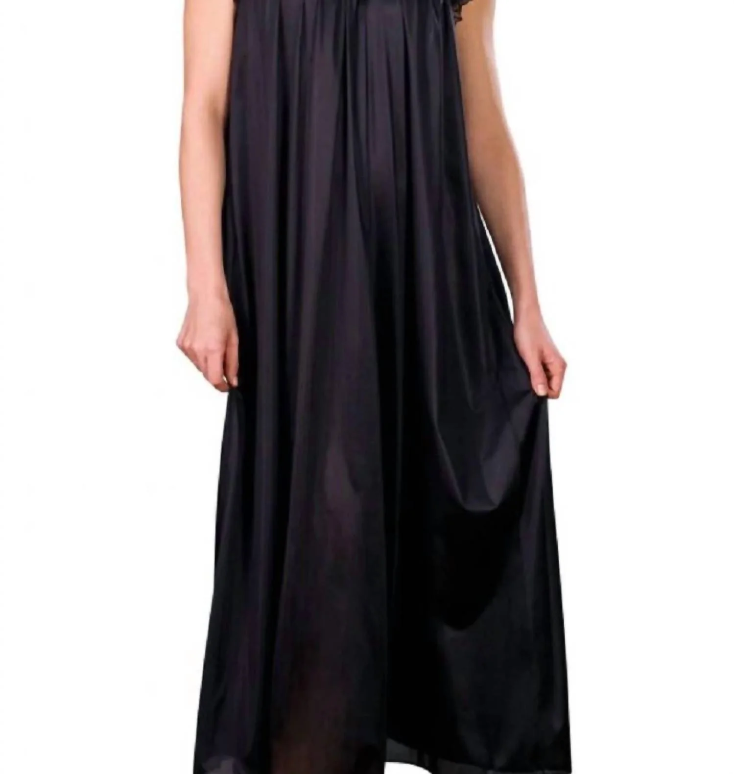 Long Lace Cap Sleeve Nightgown In Black