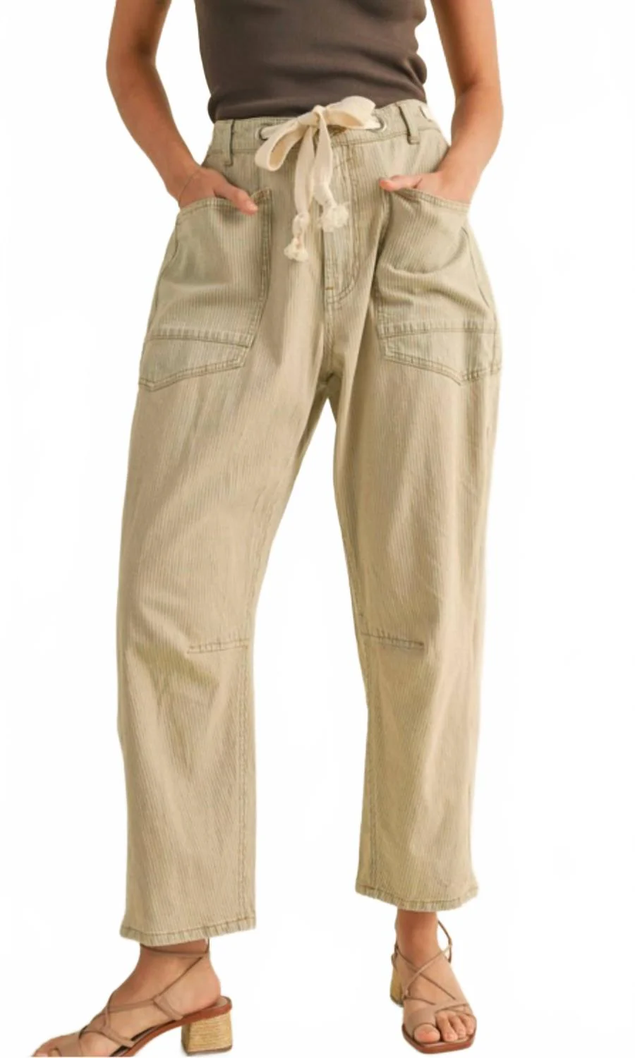 Striped Barrel Pants With Belt In Blue/cream