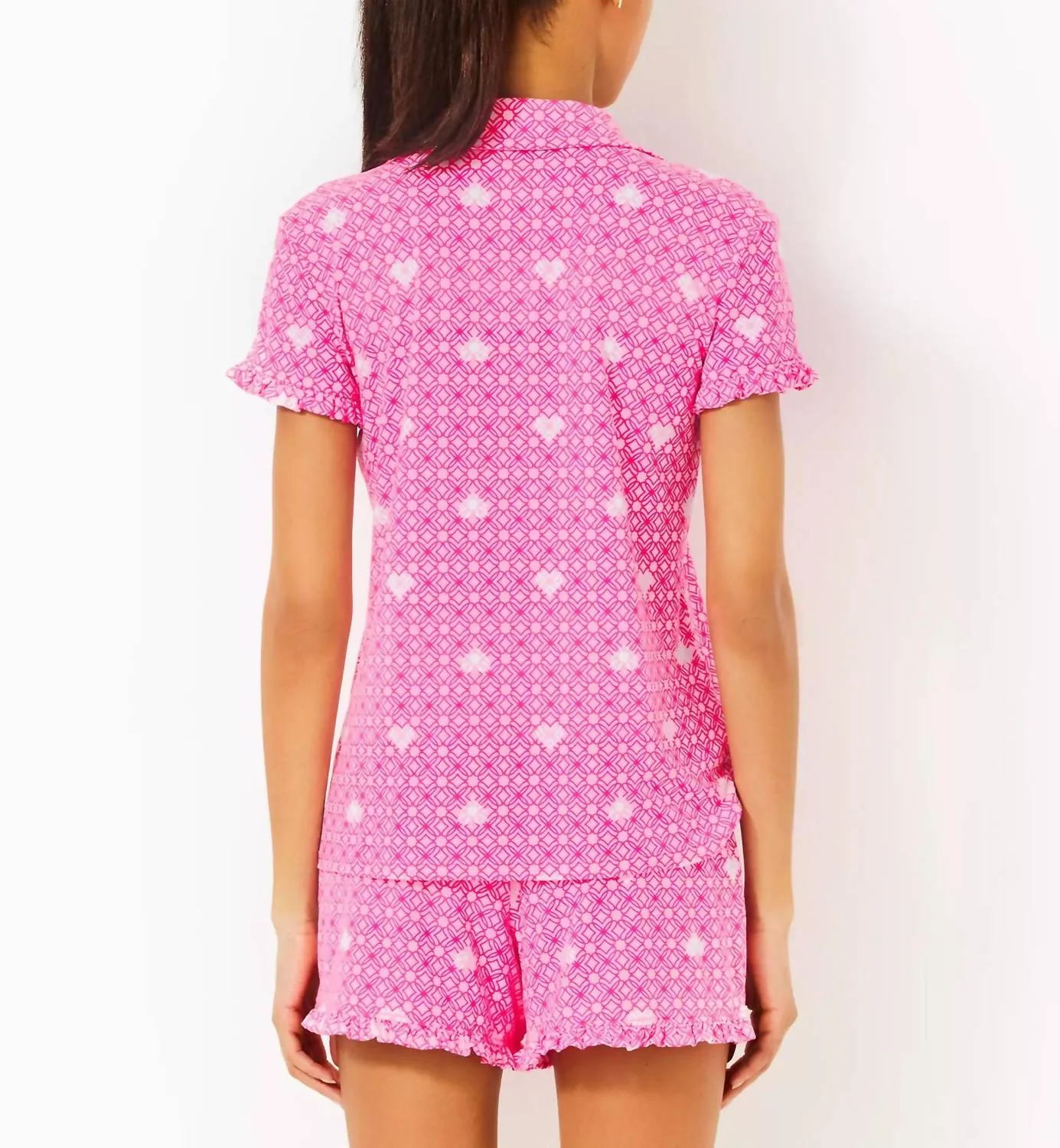 Valaine Pajama Top In Passion Fruit Pink Fluttering Hearts