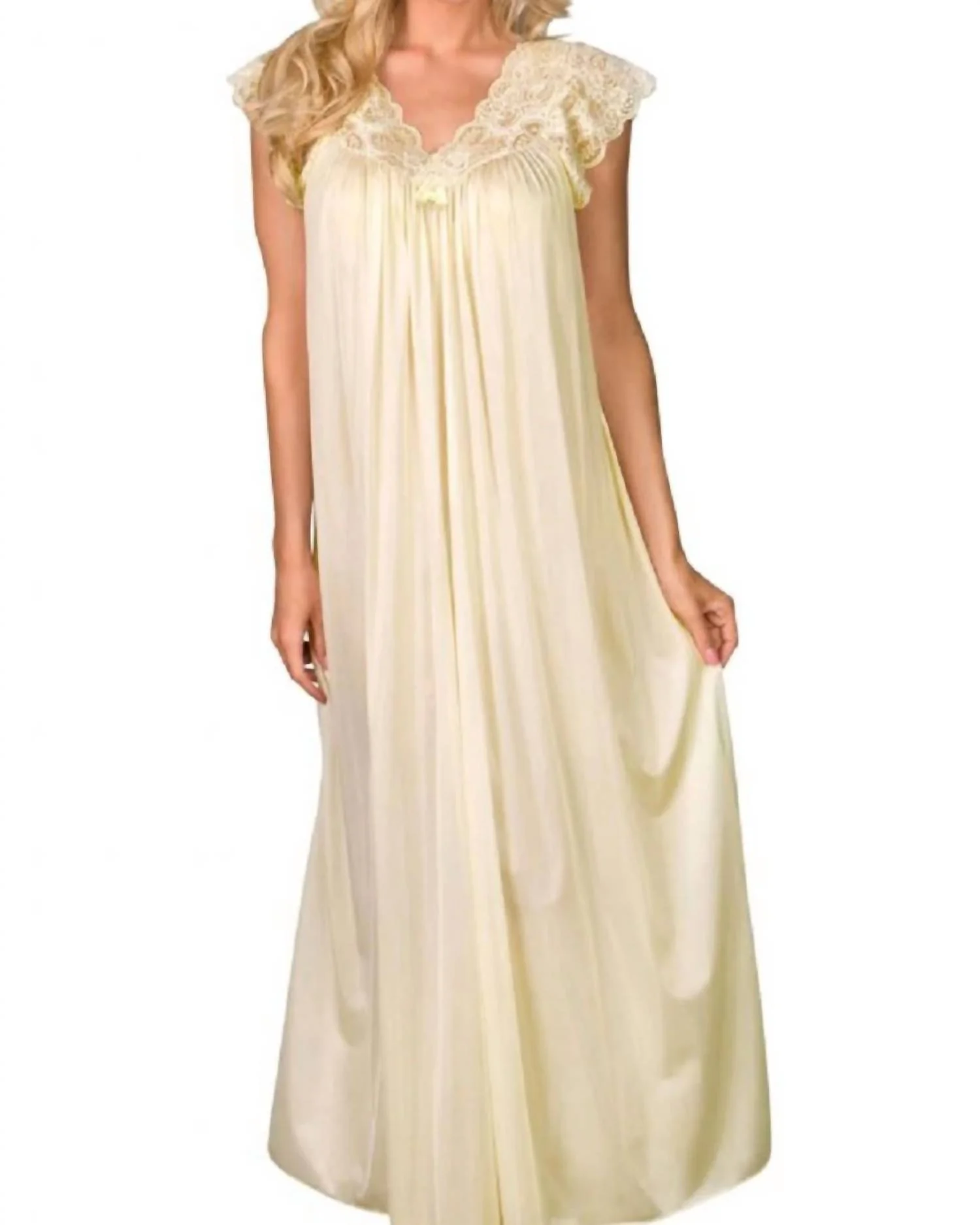 Long Lace Cap Sleeve Nightgown In Ivory