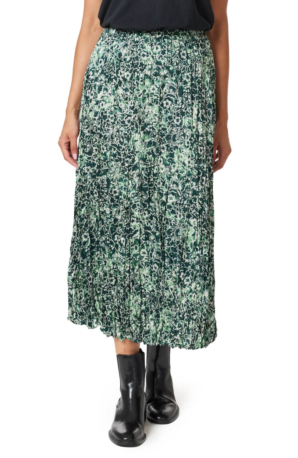 Pleated Floral Midi Skirt In Shibori Floral Green