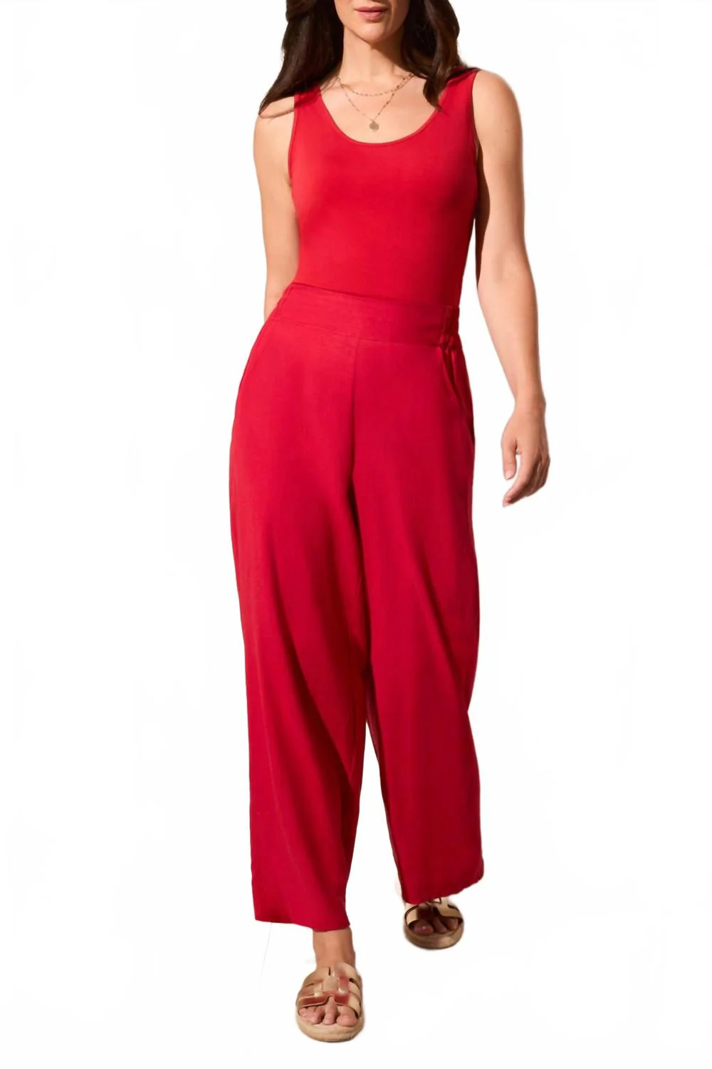 Linen Blend Pull-On Ankle Pants In Cherry Red