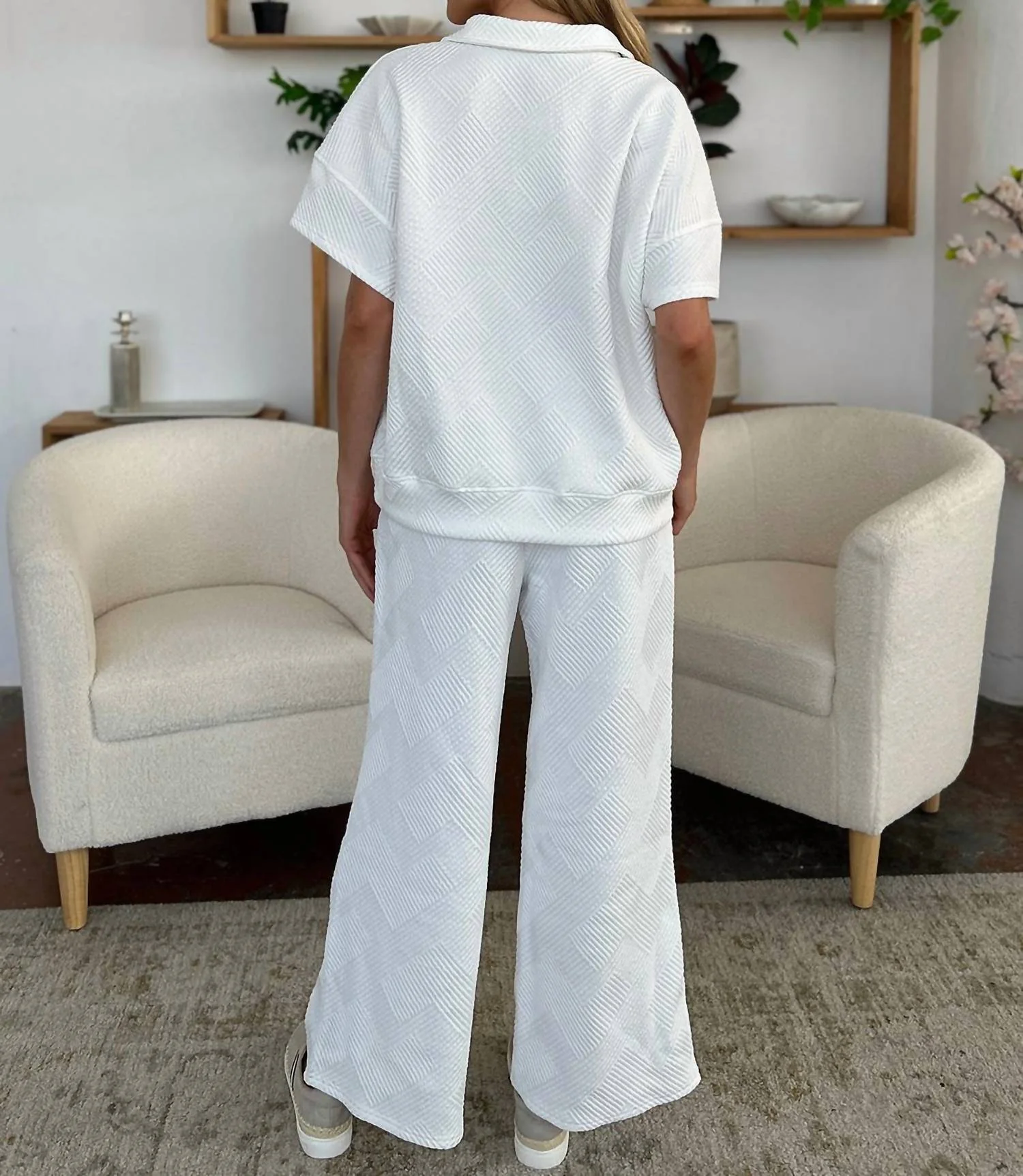 Half Zip Ruffle Pant Set In White