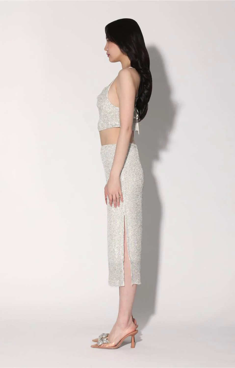 Crista Sequin Side Slit Midi Skirt In Ice