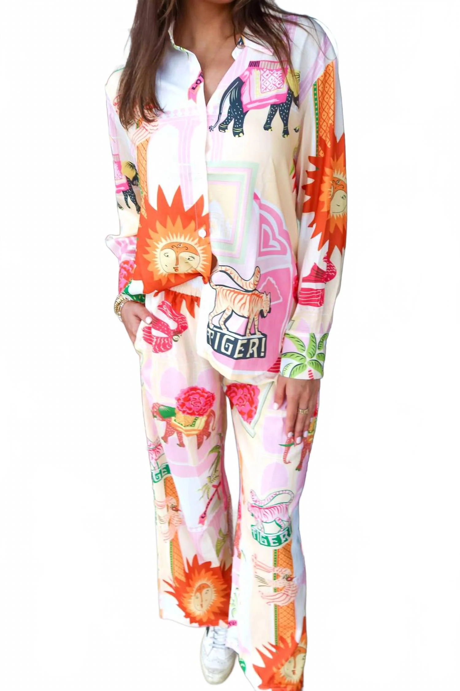 Lotusland Safari Pants Set In Pink Multi