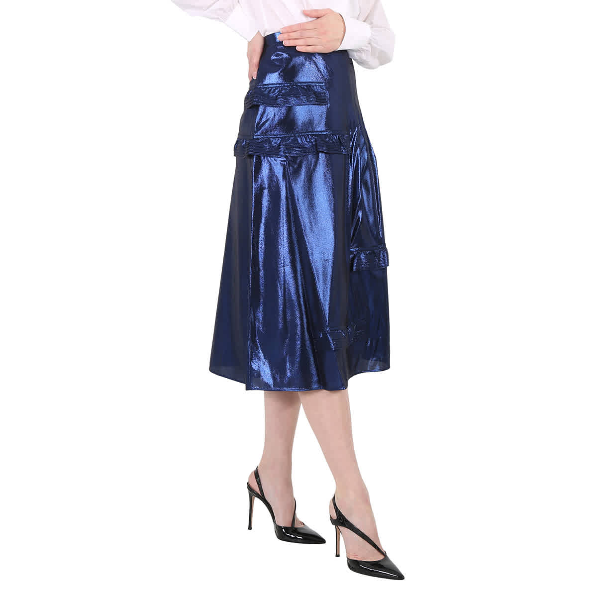 Burberry Bright Navy Ruffle Detail Lame Skirt