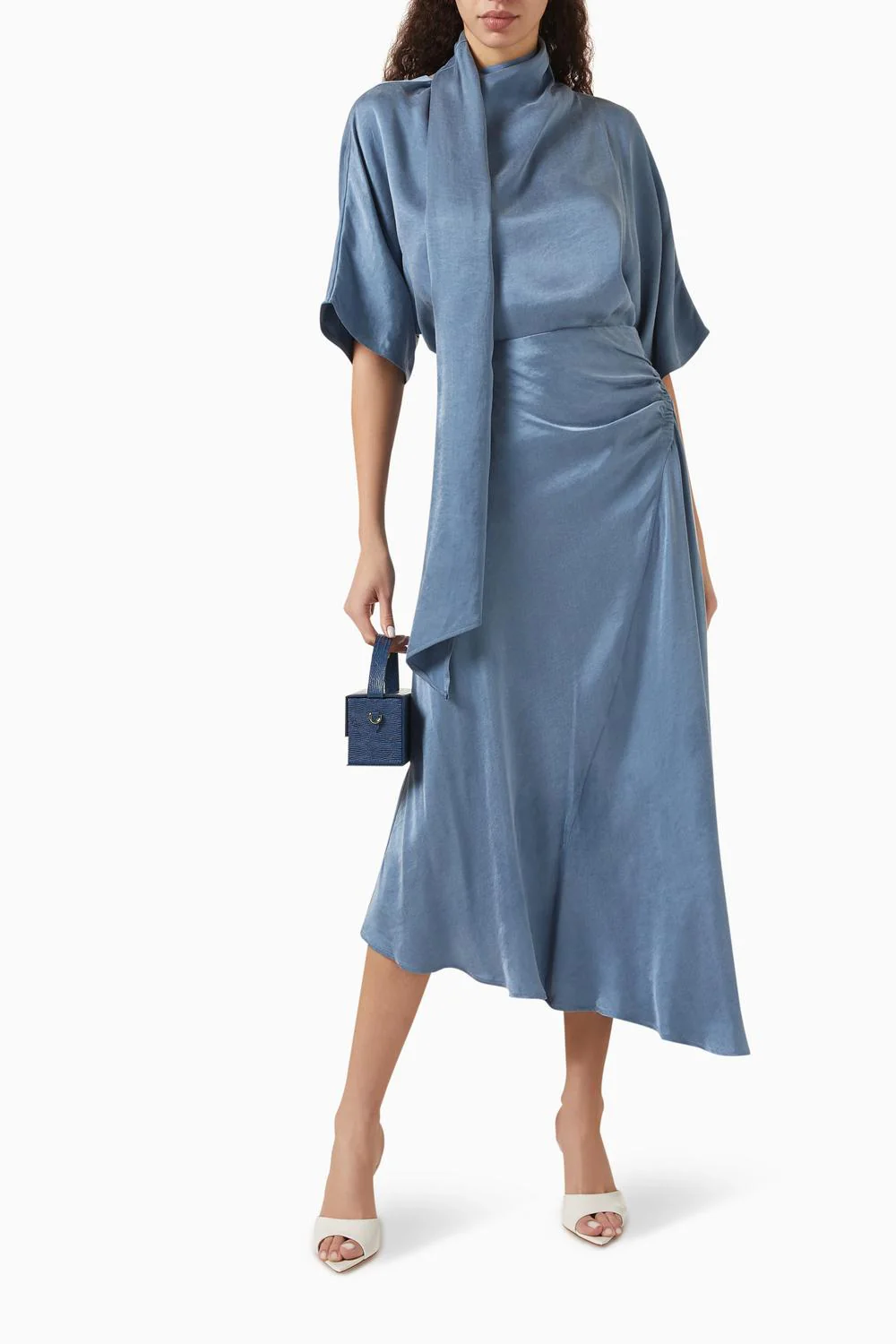 Asymmetrical Blouse And Ruched Midi Skirt Set In Blue