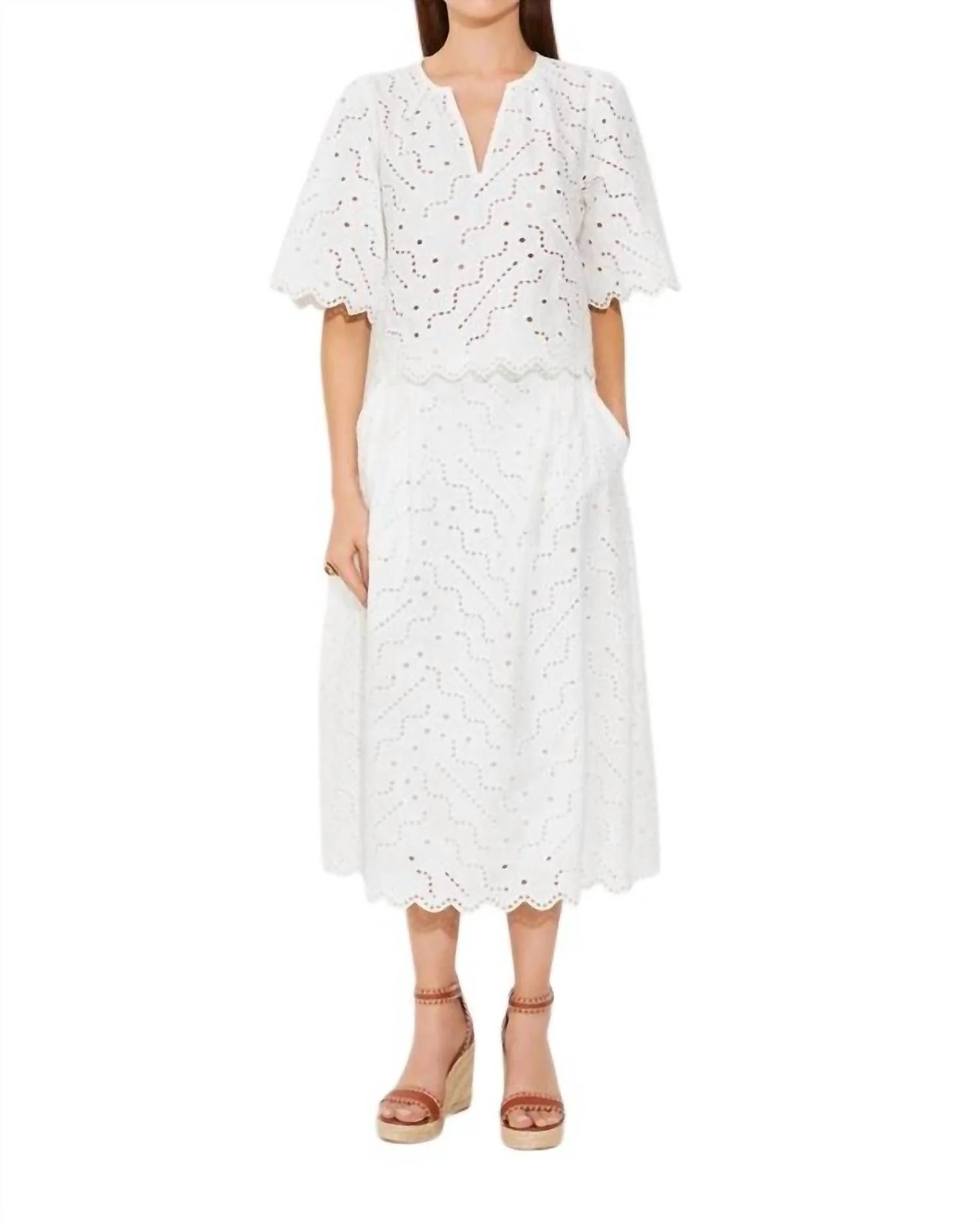 Flavie Midi Skirt With English Embroidery In Blanc Casse