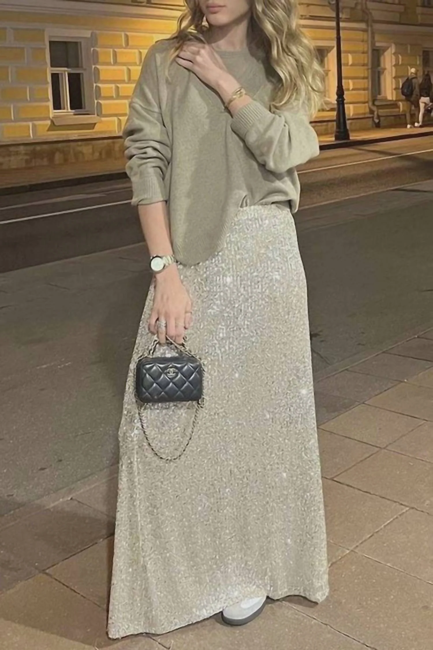 Sequins Long Skirt In Beige
