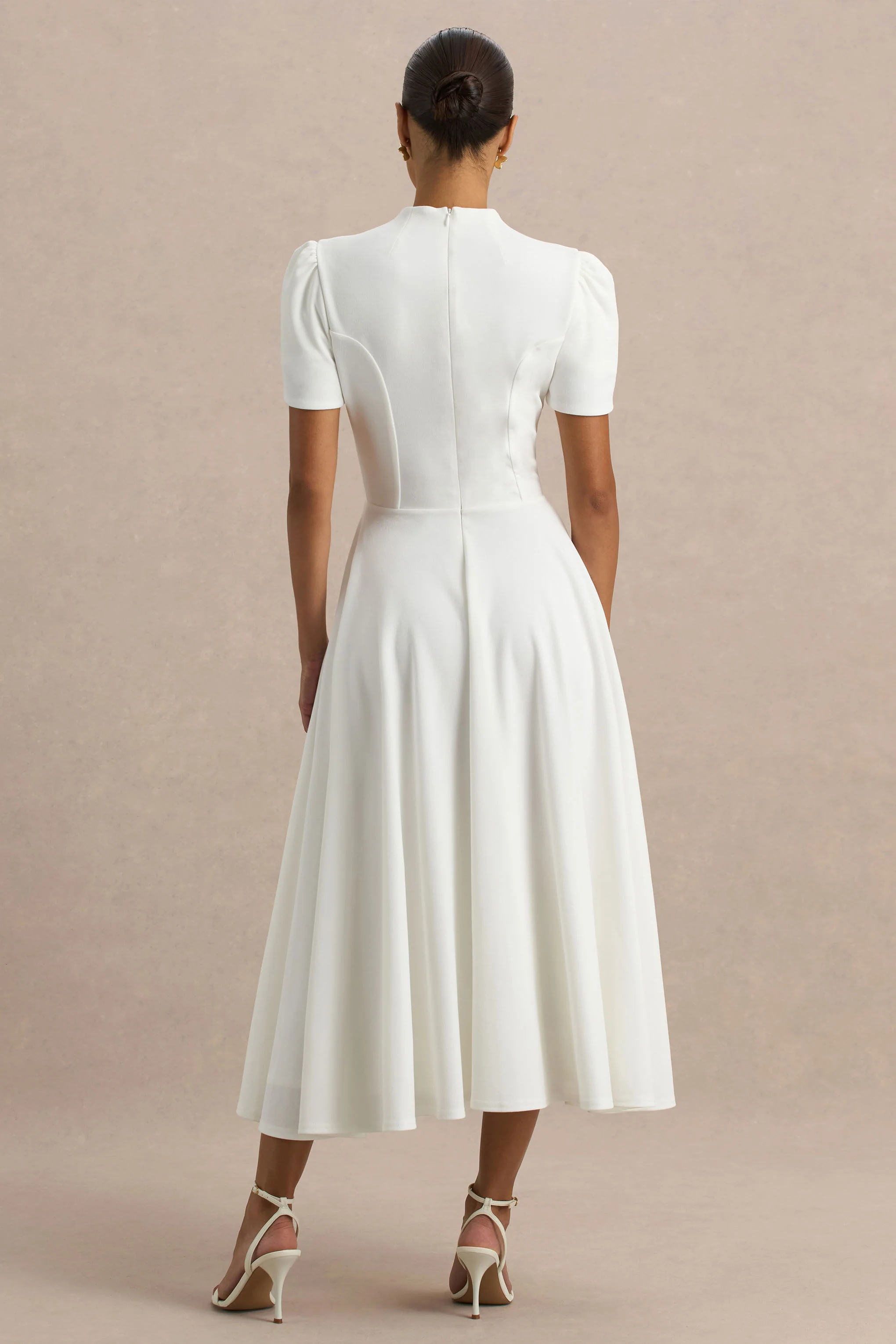 Vicky | White High Neck Midi Dress With Puff Sleeves
