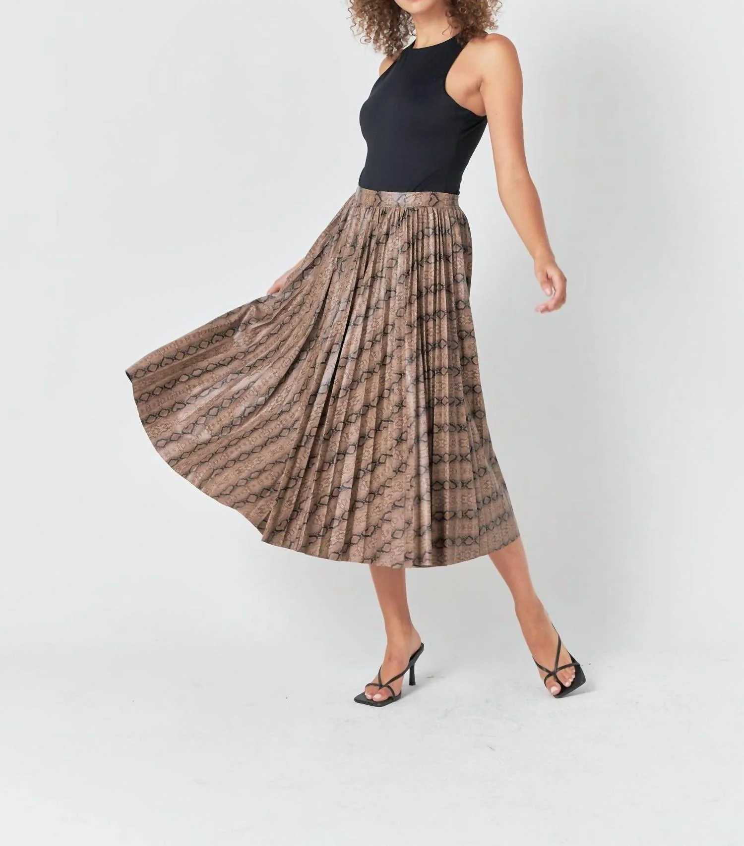 Snake Print Pleated Midi Skirt In Animal