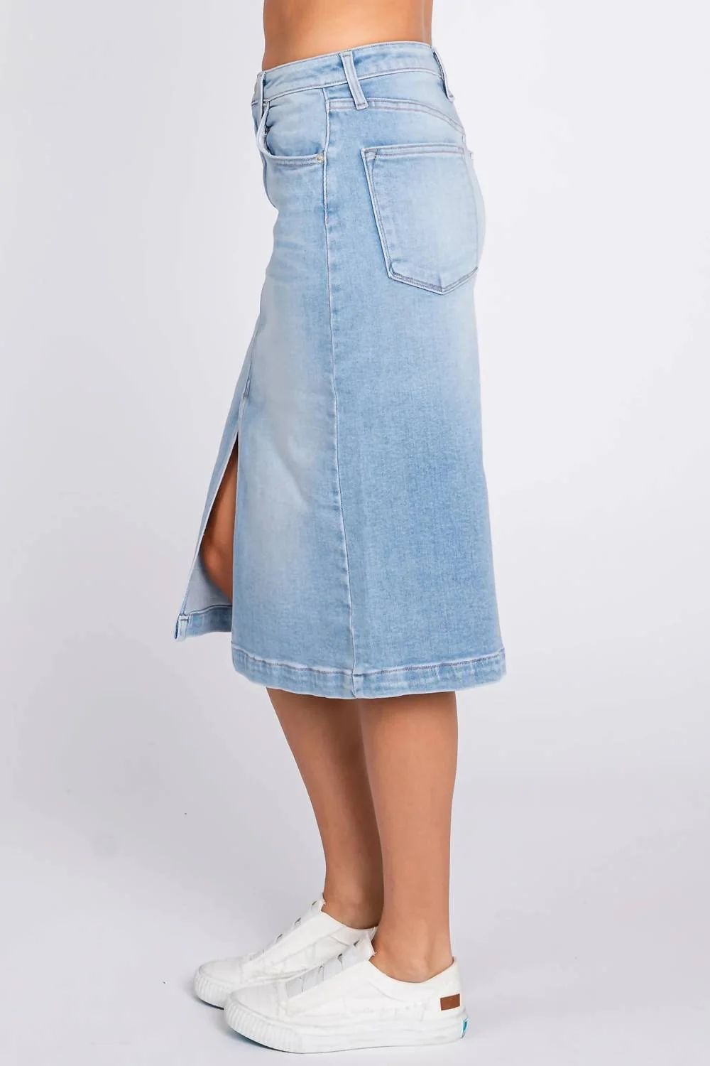 Front Slit Midi Skirt In Light Denim
