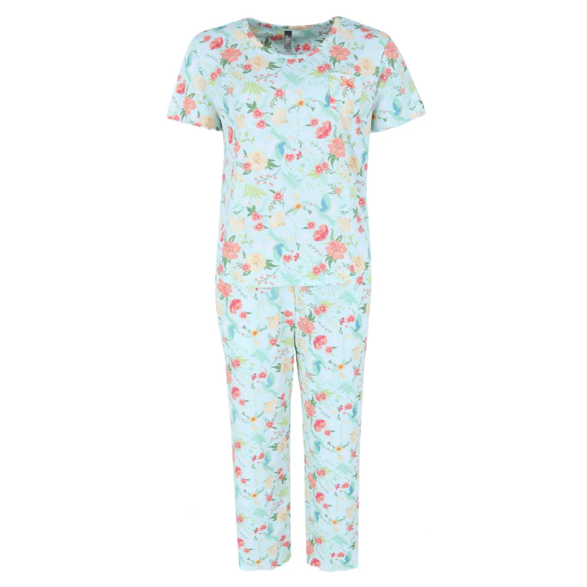 Women's Tropical Floral Ribbed Short Sleeve Capri Set