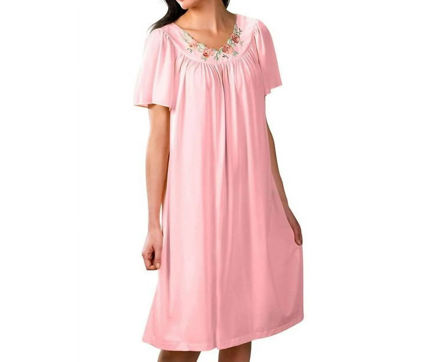 Short Gown With Flower Petal Embroidery And Flutter Sleeves In Pink