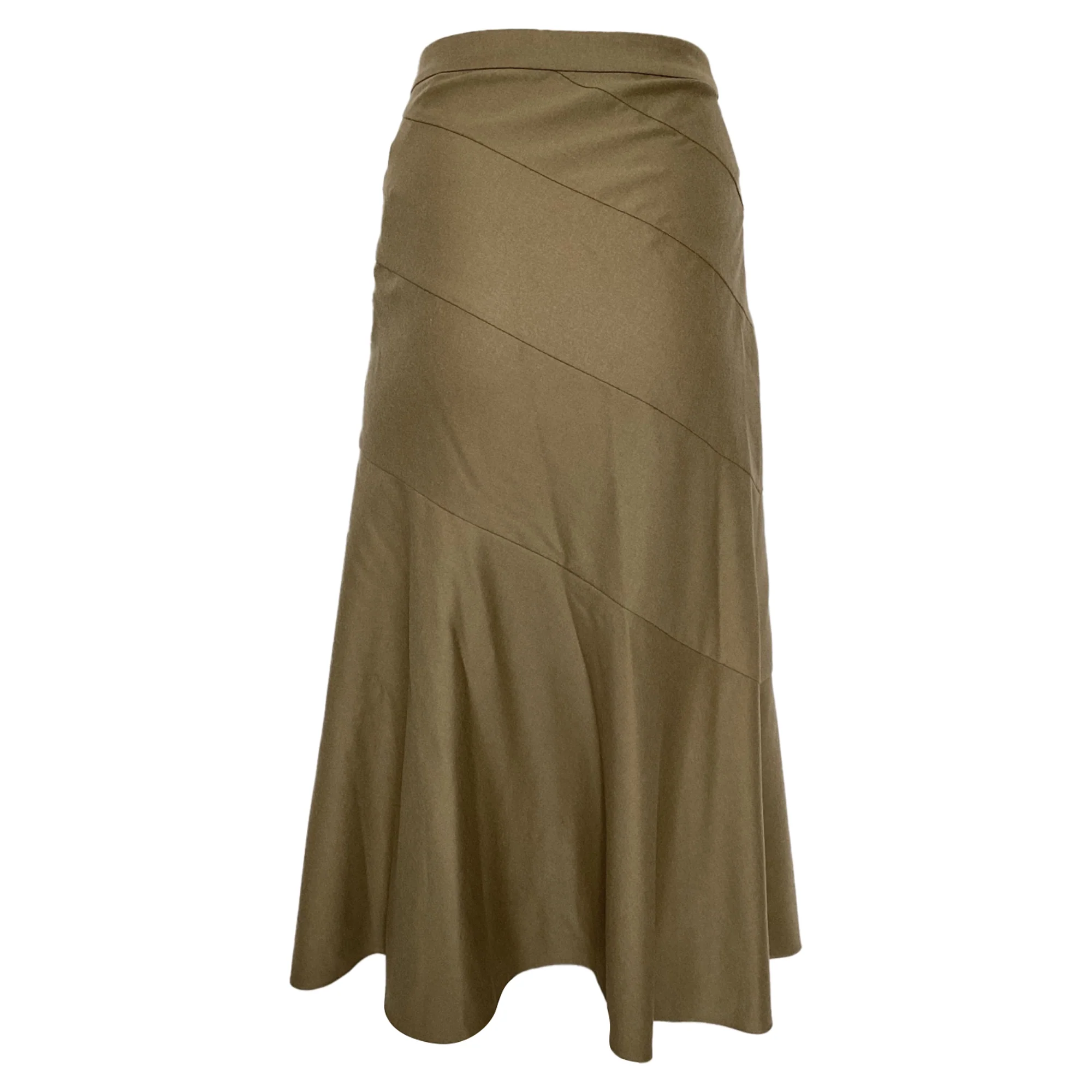 Theory Diagonal Flared Midi Skirt in Olive Wool