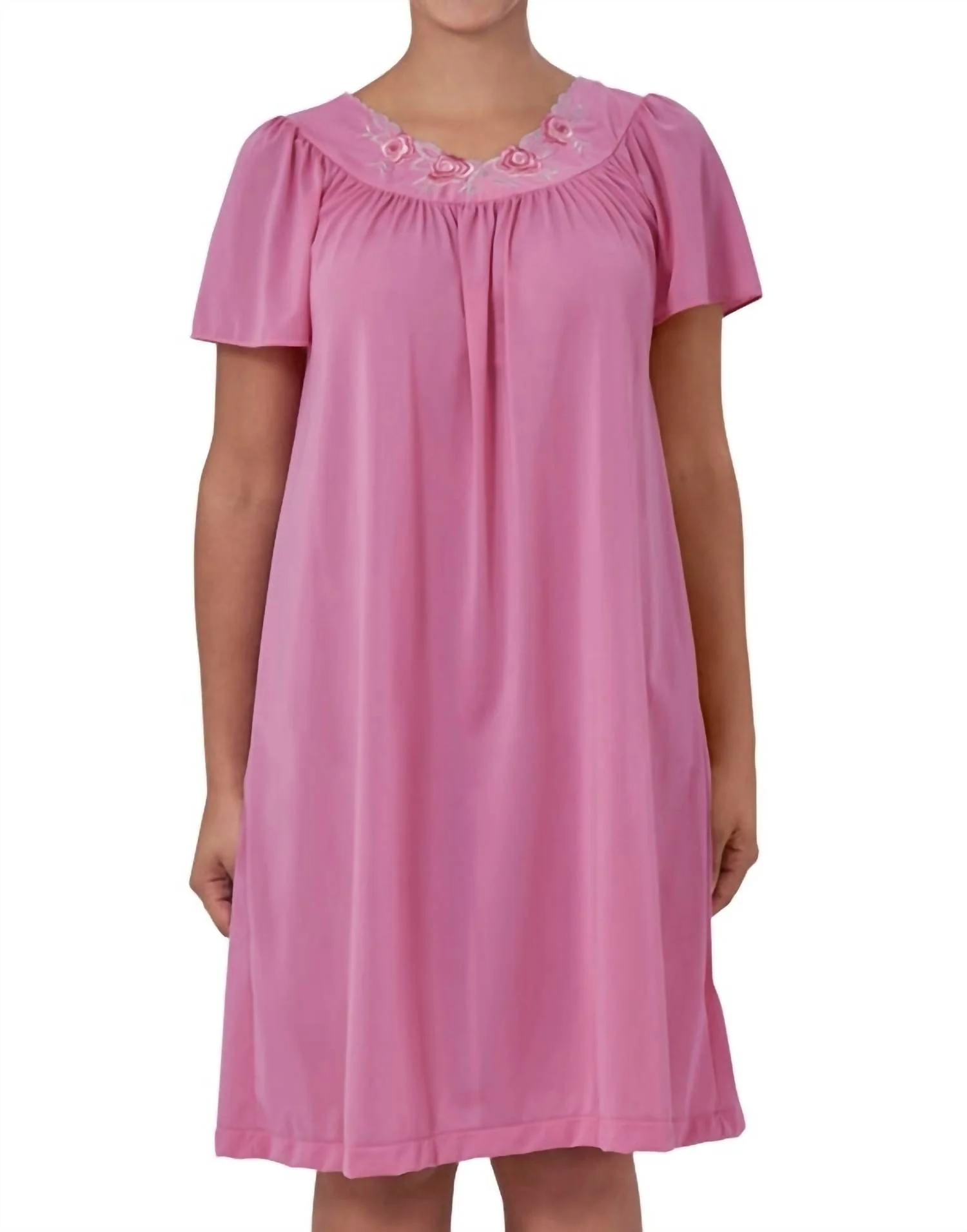 Short Gown With Flower Petal Embroidery And Flutter Sleeves In Rosey Pink