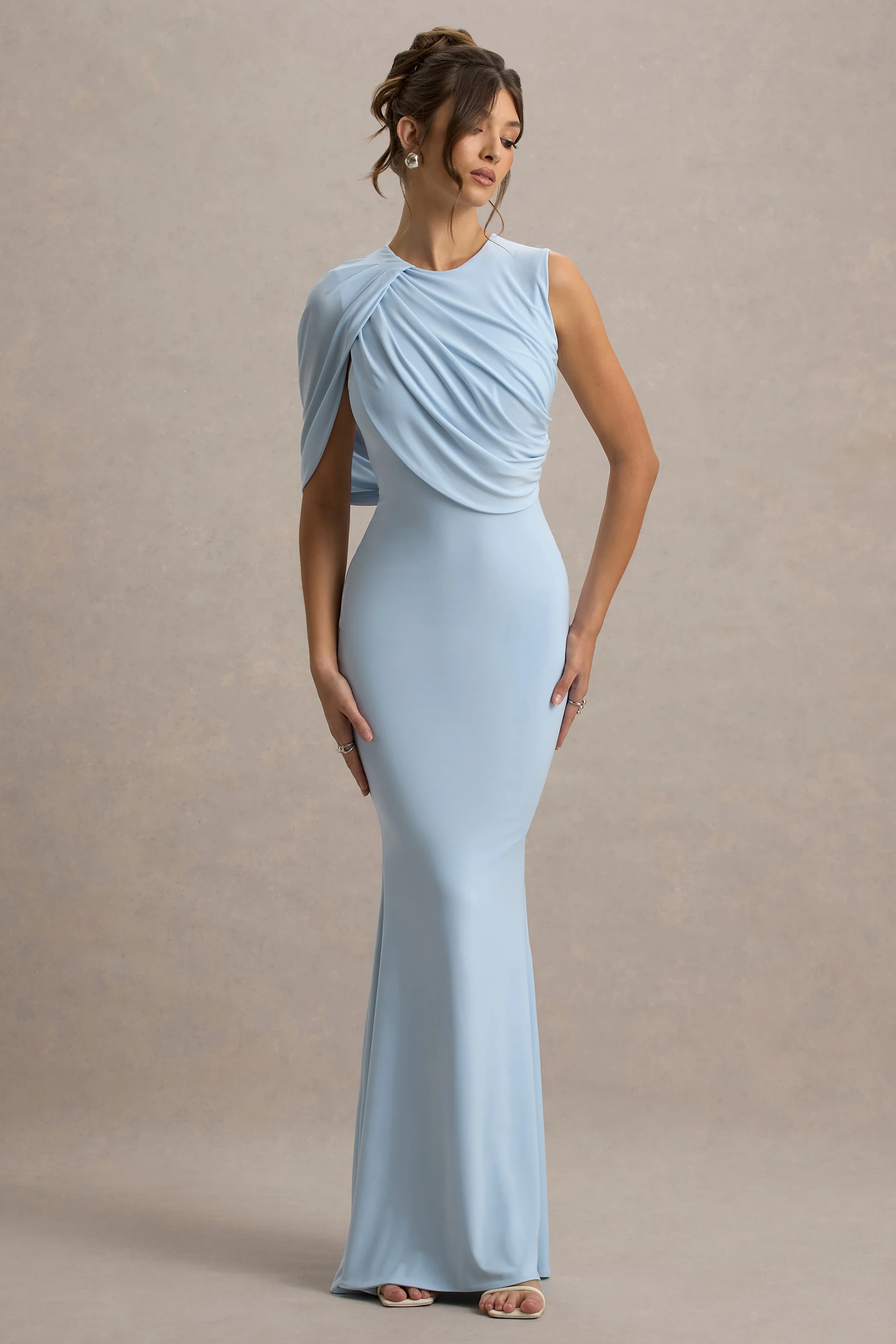 Rae | Powder Blue Maxi Dress With One-Sleeve Cape