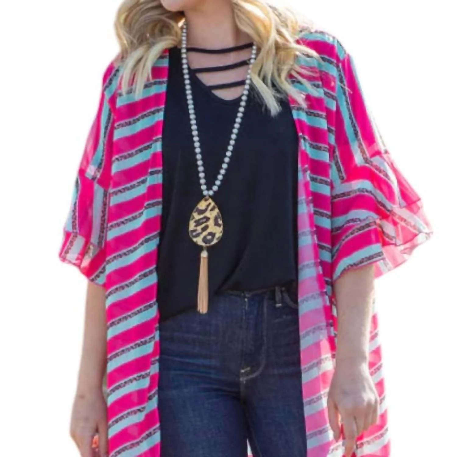 Elbow Sleeve Kimono Duster In Pretty-N-Pink